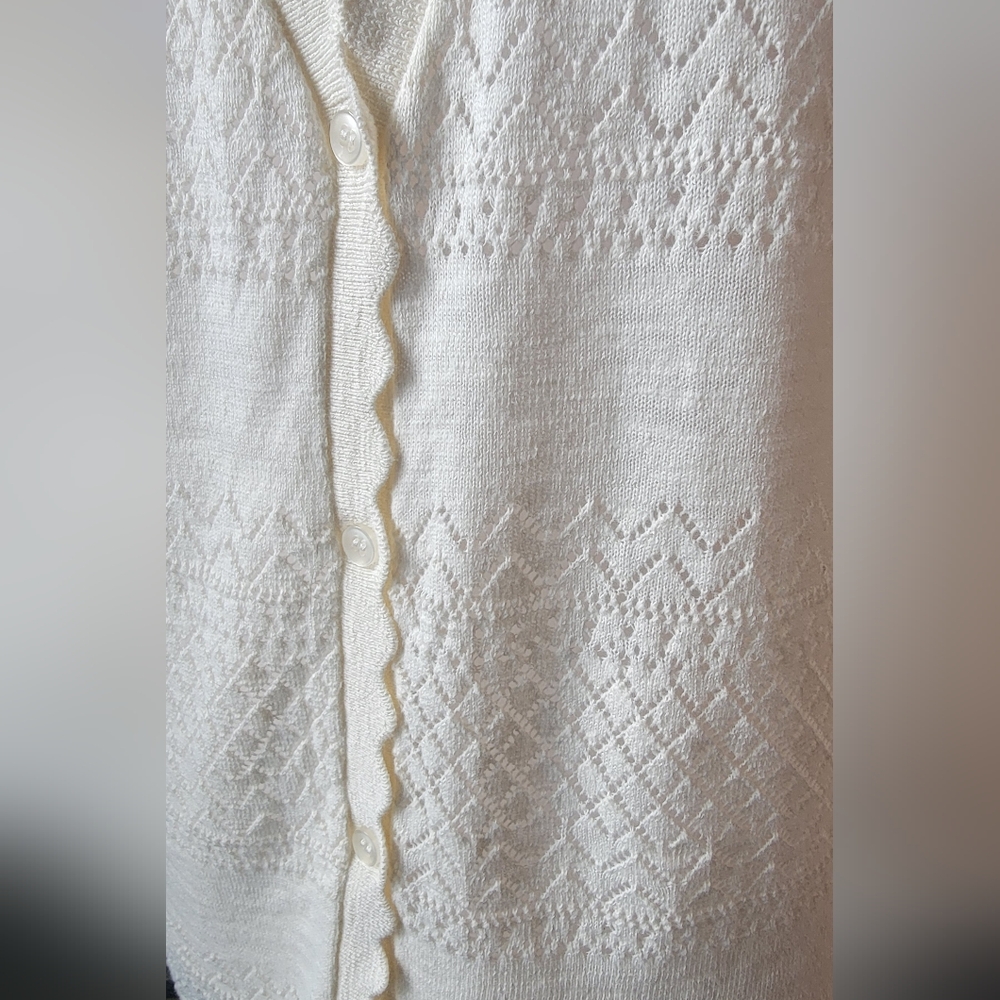 Frye Pointelle V Neck Cardigan Sweater Womens L Ivory Cottagecore 100% Cotton - Picture 7 of 11